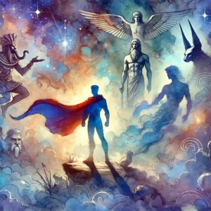 Dall·e 2025 02 12 07.48.10 A Watercolor Style Illustration Depicting The Fusion Of Mythology And Modern Comic Books. The Image Features A Hero Like Figure In A Flowing Cape, Sta
